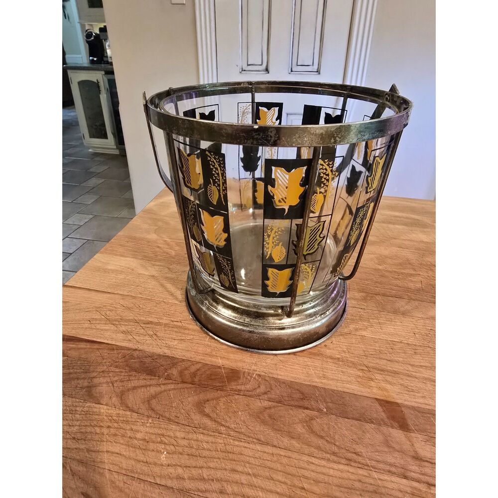 VTG Hazel Atlas Ice Bucket & Carrier w Handle Black Gold Leaf Botanical MCM